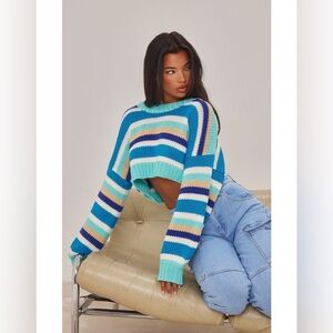 Pretty Little Thing blue striped crop knit sweater size 2 ✨ new without tags